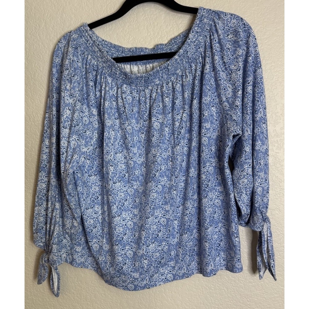 Chaps Womens Large Top Blue Floral Paisley Smocked Neck Tie Cuff Blouse Chic